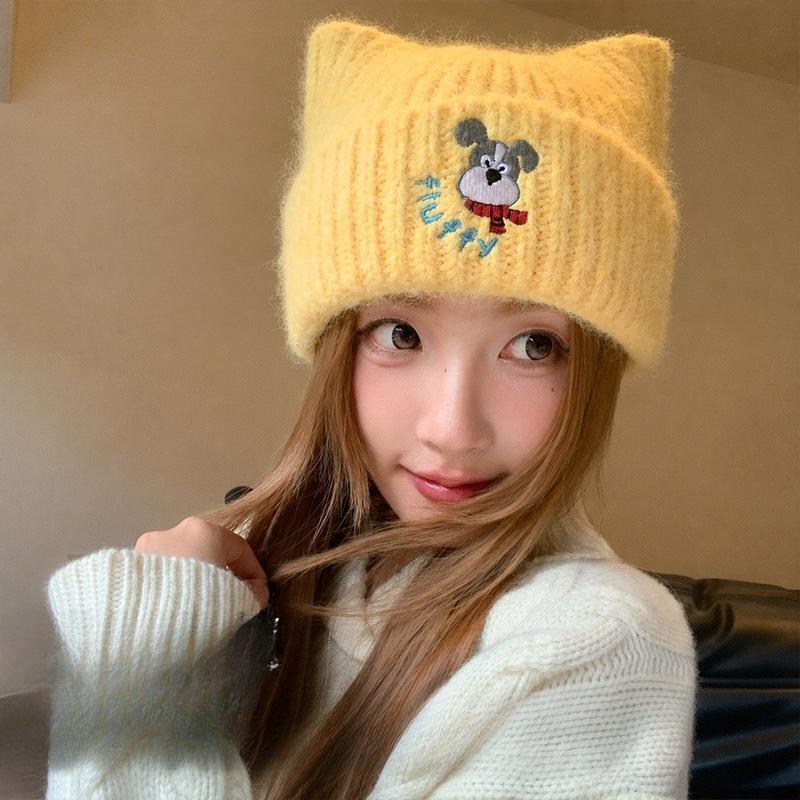 2026 autumn and winter new Japanese cute puppy embroidered knitted hat fashionable big head circumference versatile warm wool hat