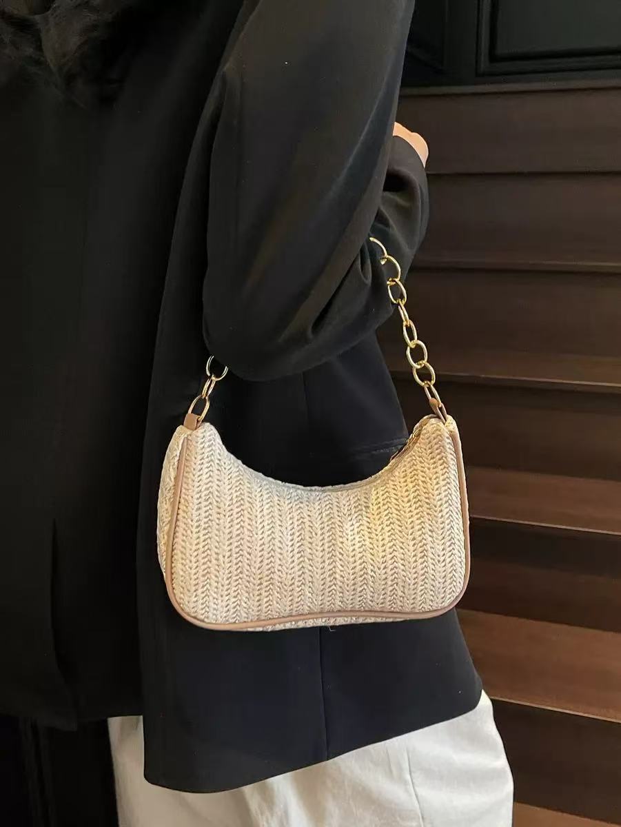 Fashiable Woven Travel and Vacati Beach Bag, Simple and Versatile Beach Shoulder Bags, Women s Chain Handbag New Tide хаки