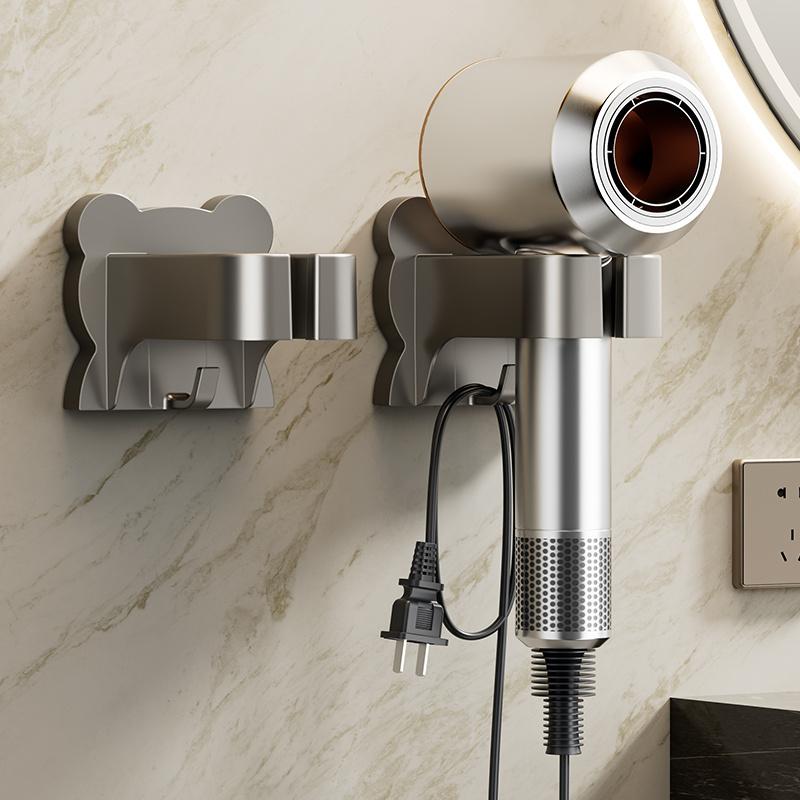 [Wall-Mounted | Space-Saving] Wall-Mounted Hair Dryer Holder | Space-Saving,Easy Installation | Sleek Black Design, Durable Plastic, Metallic Accents