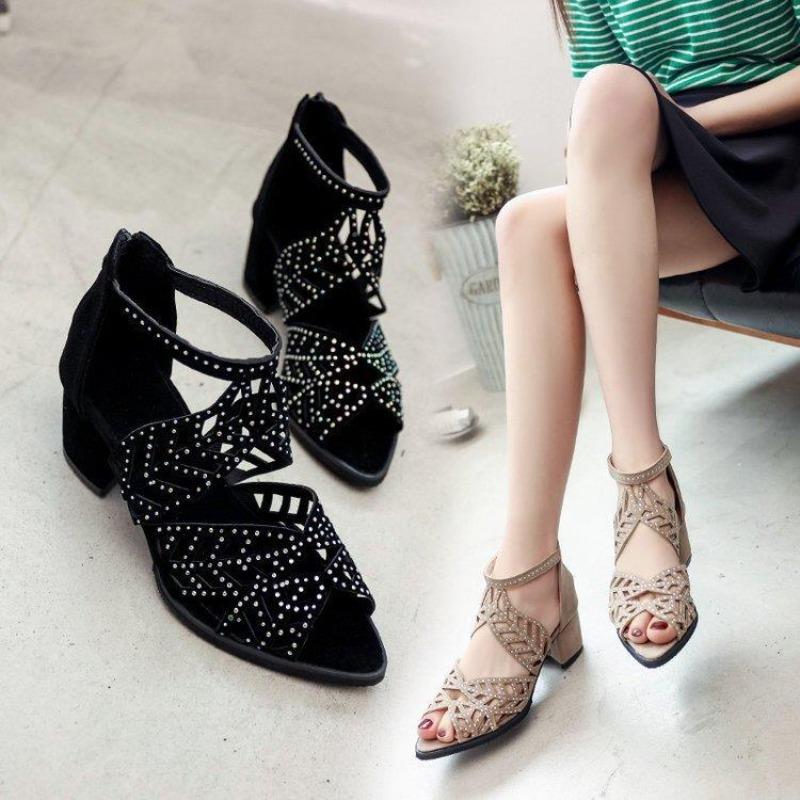 Rhinestone Fish Mouth Sandals Women's Summer New Fashion Hollow Large Size Thick Heel Middle Heel Rear Zipper Sandals