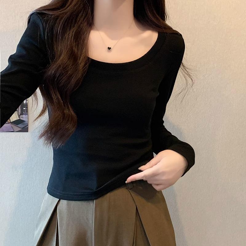 American White Front Shoulder Slim-fitting Long-sleeved T-shirt Women's Early Autumn New Foreign-style Versatile Small Short Bottoming Top