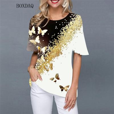 Schmetterlingsmuster Print Streetwear Damen Hemden Kurzarm 3D Farbverlauf Gedruckt Lässige Blusen Locker Rundhals Pullover Oberteile