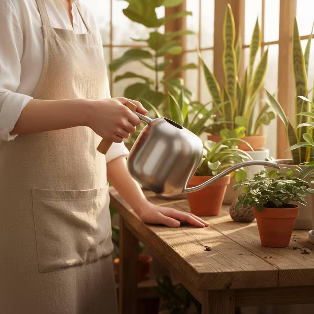 Stainless Steel Watering Can Modern with Wooden Handle Silver Vessel for Plant Lovers,