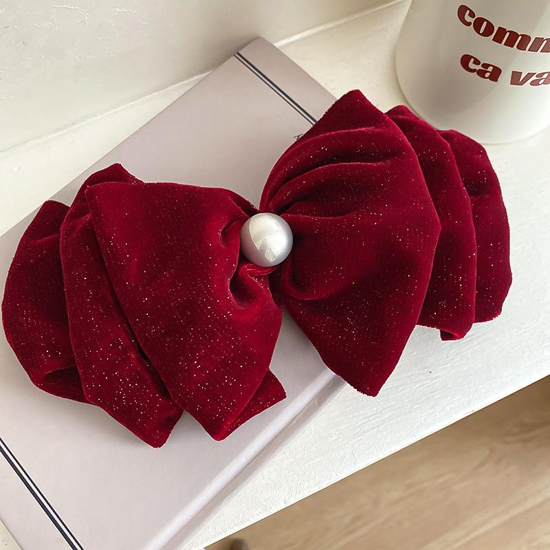 Bridal oversized bow pearl tassel hairpin retro elegant temperament spring clip high sense fashion grab clip female