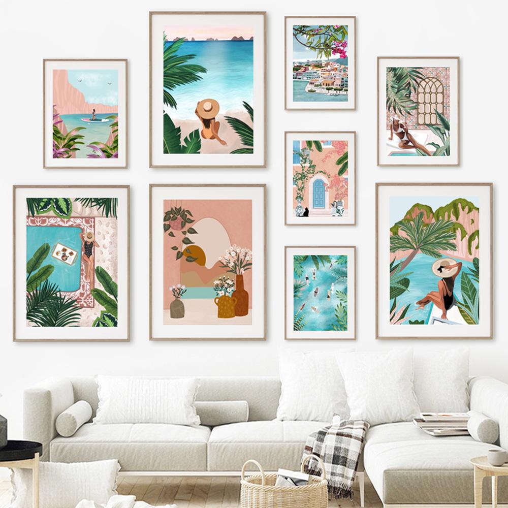 Marokko Frau Reise Wandkunst Leinwand Schwimmbad Tropisches Blatt Nordische Poster und Drucke Wandbilder für Wohnzimmerdekor