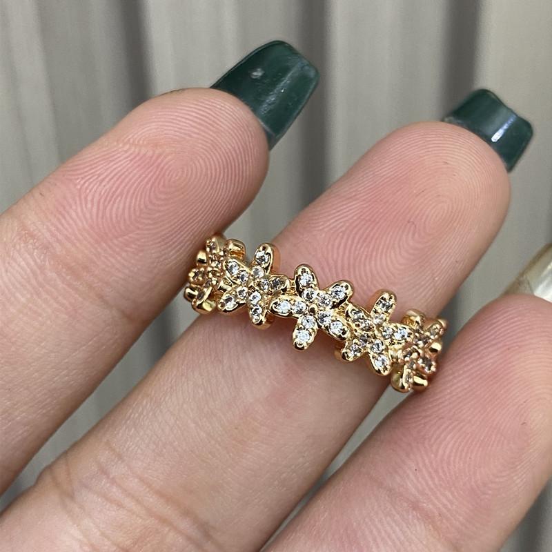 Korean version plated 18k full diamond flower ring ins commuter opening ring opening adjustable open adjustable