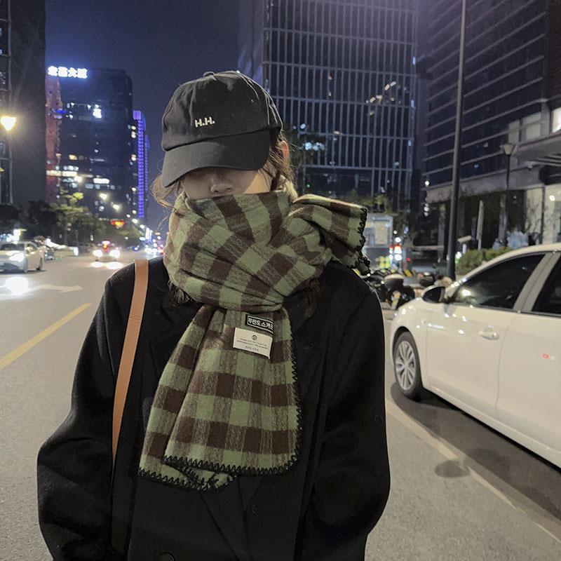 Retro Plaid Scarf Women's New Winter Thickened Korean Style Student Shawl Dual-purpose Warm Scarf Green