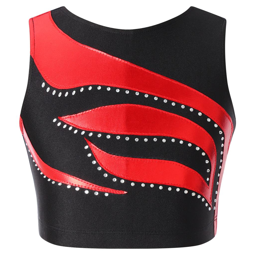 Girls Shiny Rhinestone Decor Dance Top Sleeveless Round Neck Jazz Performance Vest Tank Top
