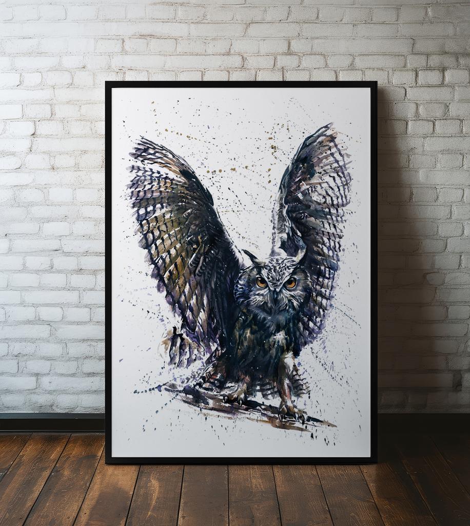Poster Owl Abstract Watercolor In Black Frame 