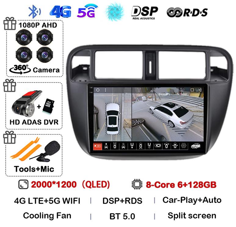 Android 14 Carplay Auto Autoradio WIFI+4G For Honda Civic 1996-2001 Car Radio Multimedia Video Player GPS Stereo 360 Camera WIFI