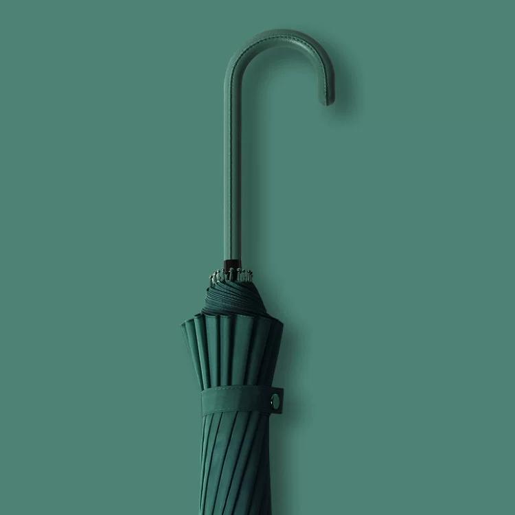 16-Rib Umbrella with Japanese-Style Fresh Design, Leather Handle, Curved Hook, Straight Pole, Large Double-Person Umbrella for Sun and Rain, Gift or