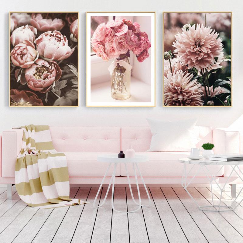 Pink Wall Art Peony Flowers Posters Pictures Quotes Bedroom Wall Decorative Prints Wall Painting for Living Room Decor Art