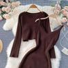 Twist Crop Sweater Solid Color Slim Knit Set Dress Two Piece Set Women All Match Autumn Winter For Ladies Hip