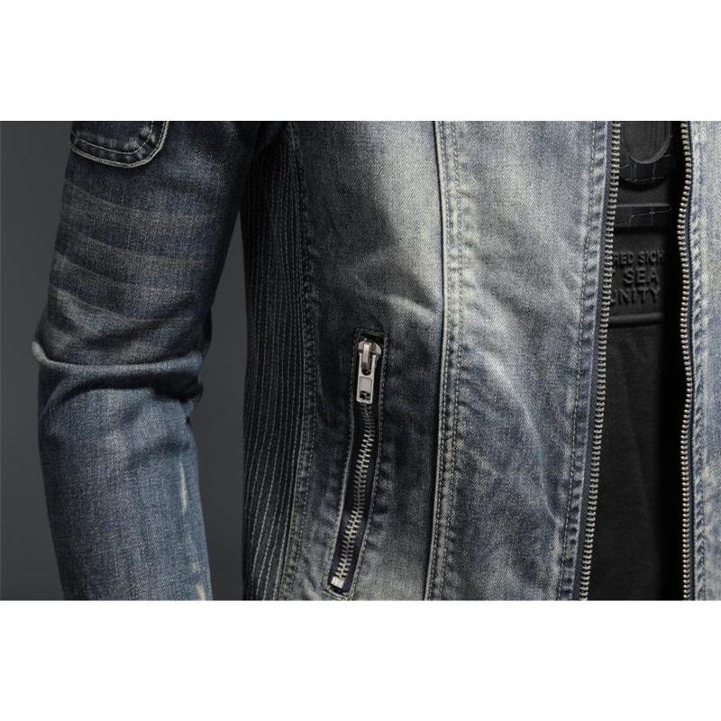 High End Men's Denim Jacket Casual Retro Big Size Stand Collar Zipper Biker Motorcycle Coat