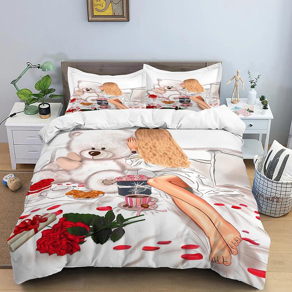 Comforter 3D Romantic Valentines Day Red Rose Bear Printed For Girl Queen S Luxury Bedding