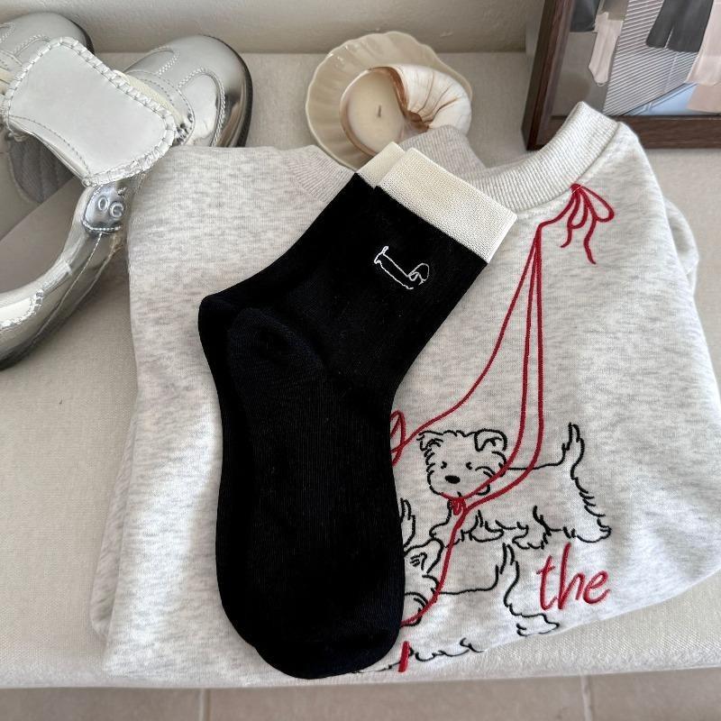 Women's New Fall Color Embroidery Cute Cartoon Dachshund Preppy Boneless Tube Pile Socks