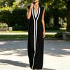 Ärmelloses Damenkleid Stehkragen V-Ausschnitt Langes Kleid Lockere Passform Polyester Elegantes Kleid mit geometrischen Mustern Bedruckt Tägliches Outfit