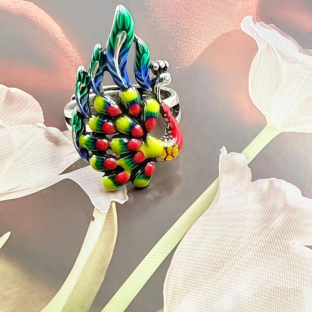 Chinese Style Adjustable Blue Enamel Peacock Ring for Couples