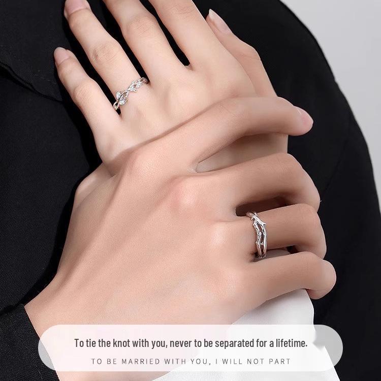 Silver-Plated Linked Branches Couple Rings - Niche Design for Valentine's & Qixi Gift