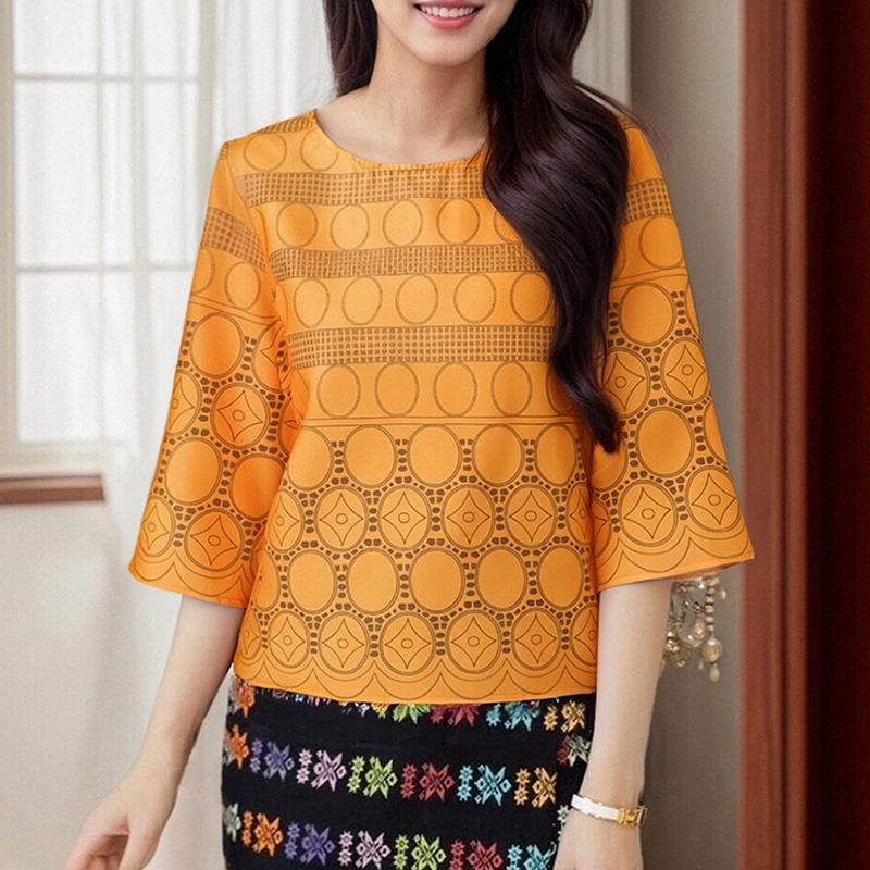 ZANZEA Women Casual Round Neck Summer 3/4 Sleeve Print Blouse