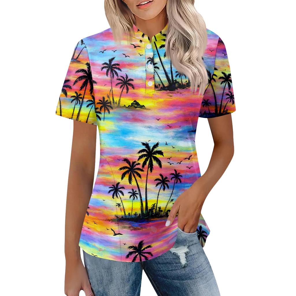 Women’s Casual Polo Neck Loose Fit Short Sleeve Top with Abstract Print and Button for Everyday Wear
