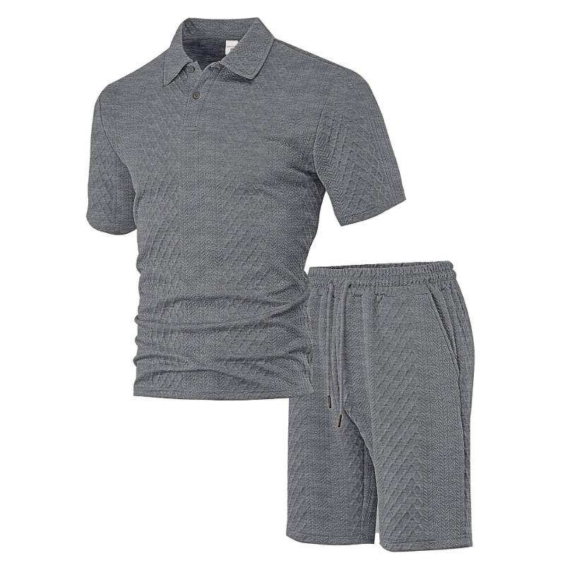 Fashion Men's Textured Polo Shirt 2-Piece Set Casual Short Sleeve Top & Shorts Tracksuit
