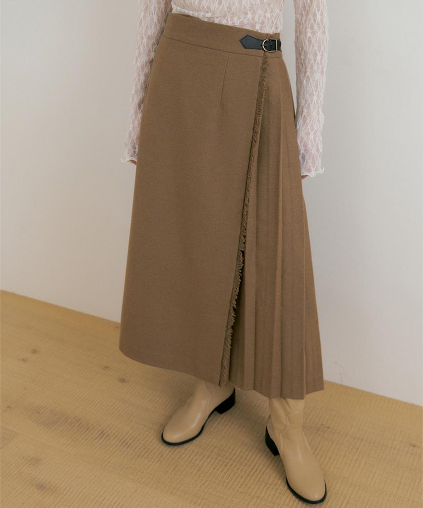 Lucirju Fringe Wool Pleated Skirt (Beige)