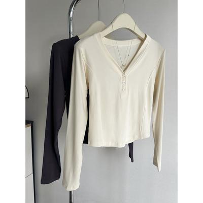 Real Shot Cotton Solid Color Short Button Long Sleeve T-shirt Women's Autumn Slim Collar Front Shoulder Top