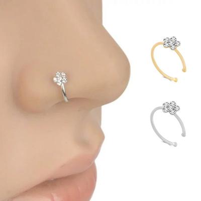 Wish's Popular Nose Rings and Studs, Best-selling Piercing Jewelry, Copper Silver-plated Jewelry, Flower-shaped C-shaped Rhinestone Nose Rings