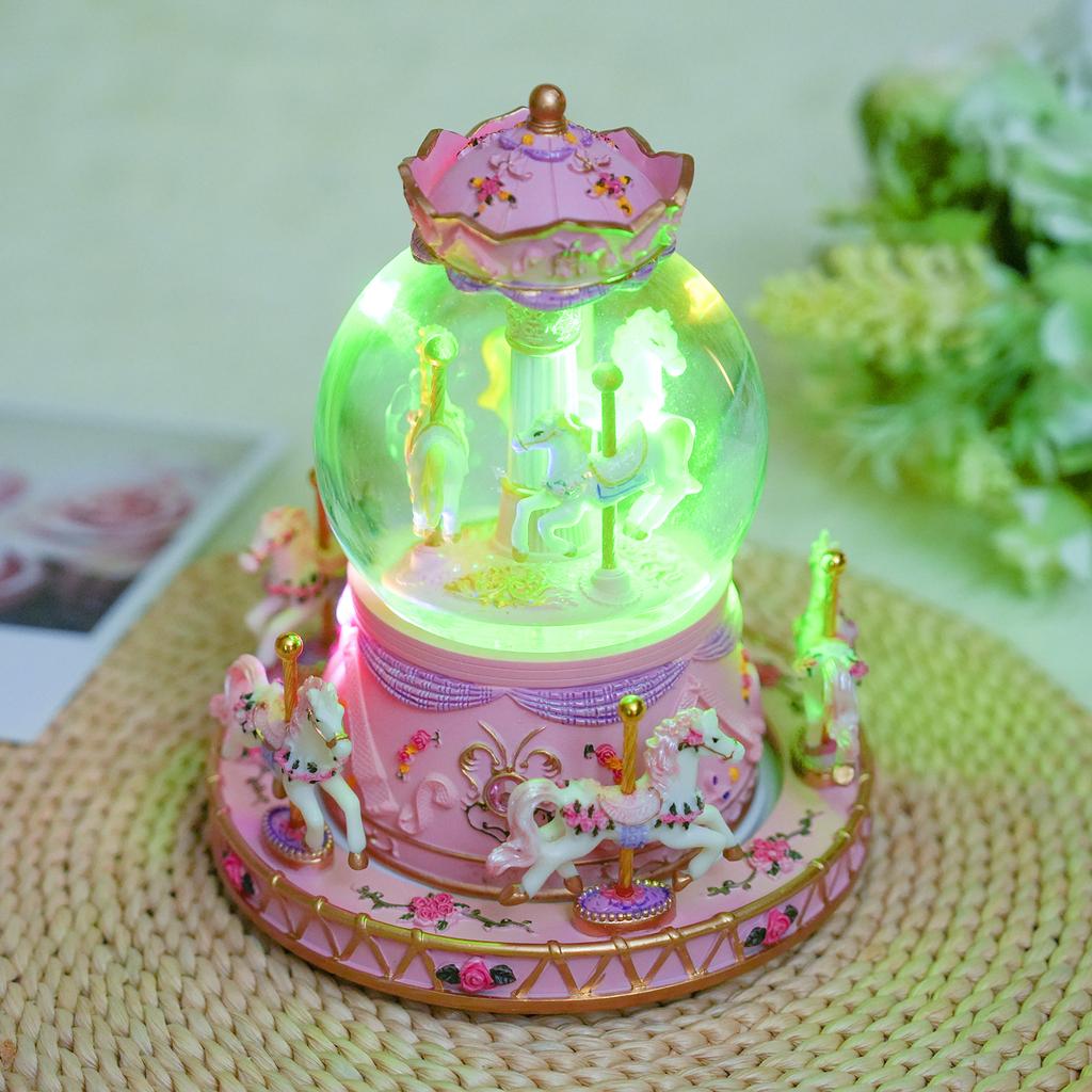Rotating Carousel Music Box Light-up Snow Globe Wind-up Musical Box Colorful Lights Cute Little Horses Girls Festival Birthday Gift