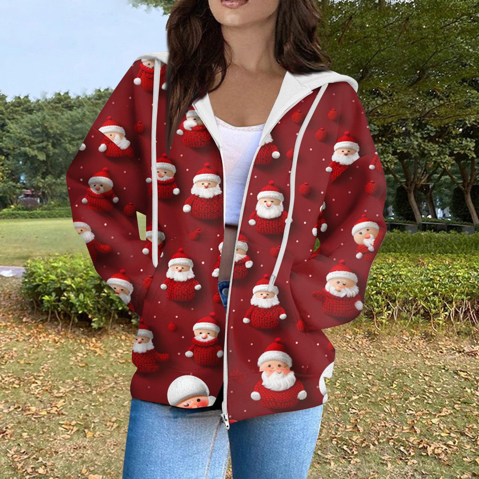 

Женская модная повседневная толстовка с рождественским принтом и длинными рукавами, карманная куртка, пальто с капюшоном на молнии XXL винный