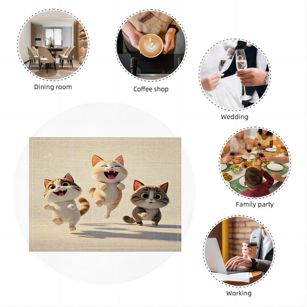 4/6/8pcs Fun Cat Print Linen Placemat, Rectangular Table Mat, Hand Washable, Home Decor Dining Room and Kitchen Mat Set