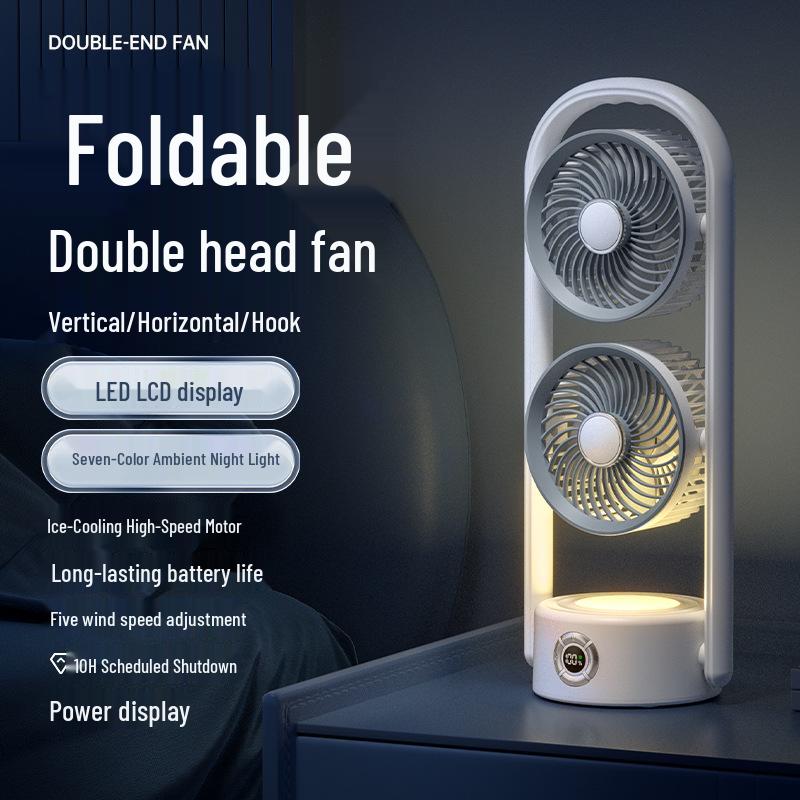 Desktop Dual Head Folding Fan with LED LCD Display & Hook - Portable Ceiling Fan with Night Light