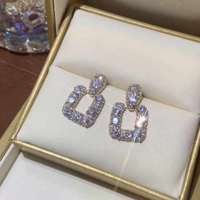 2023 Retro Geometric Crystal S925 Silver Square Stud Earrings for Women