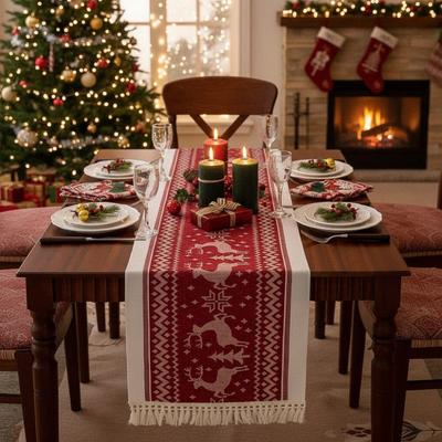 Rectangle Christmas Table Runner Thickened Christmas Tree Printed Table Cover with Tassels Table Flag Xmas Desktop Decoration