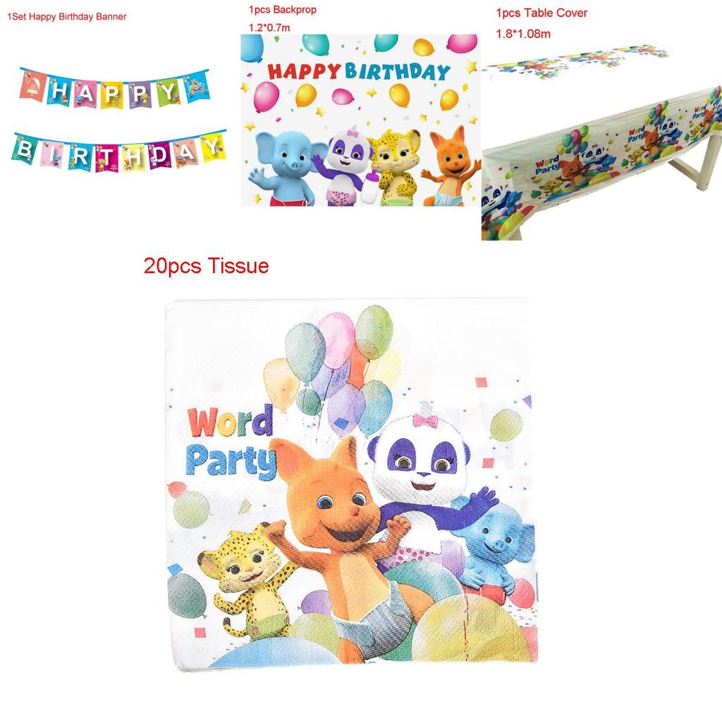 Sada party potřeb na téma Word Party s barevnými talíři, kelímky a nápisem Všechno nejlepší k narozeninám pro dětské oslavy