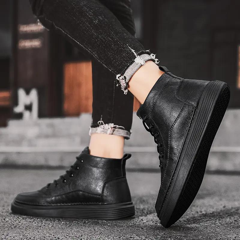 Men's High Top Boots Fashion Casual Leather Boots Lace Up Ankle Booties Classic Black Business Boots for Men Botas Hombre2025