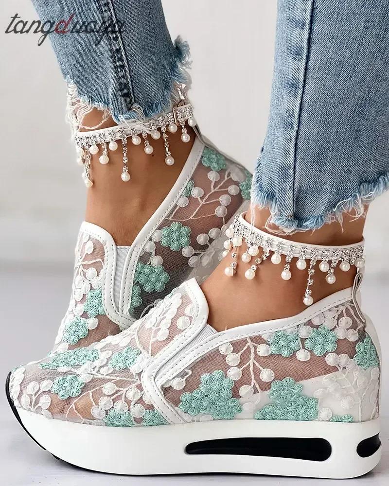 Women Sneakers 2024 Platform Wedge Embroidery Mesh Sneakers Women Slip On Casual Comfy Heeled Shoes for Women Zapatos De Mujer