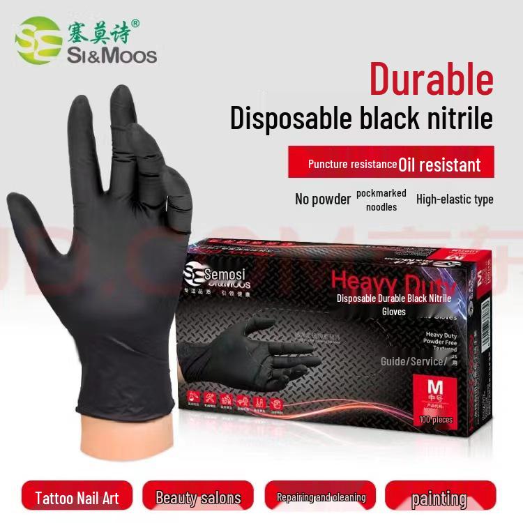 Semosi Durable Black Nitrile Gloves: Thick, Disposable, Oil-Resistant for Food, Beauty, Tattoo, Industrial, and Automotive Use.
