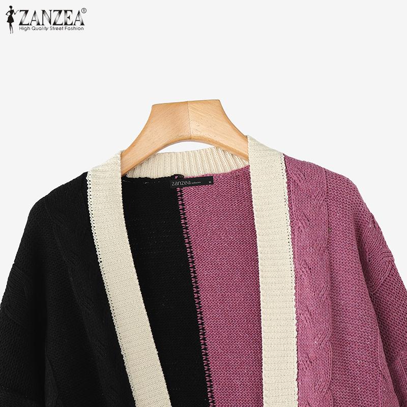 ZANZEA Autumn Winter Women Long Sleeve Patchwork Open Front Casual Loose Sweater Knitwear