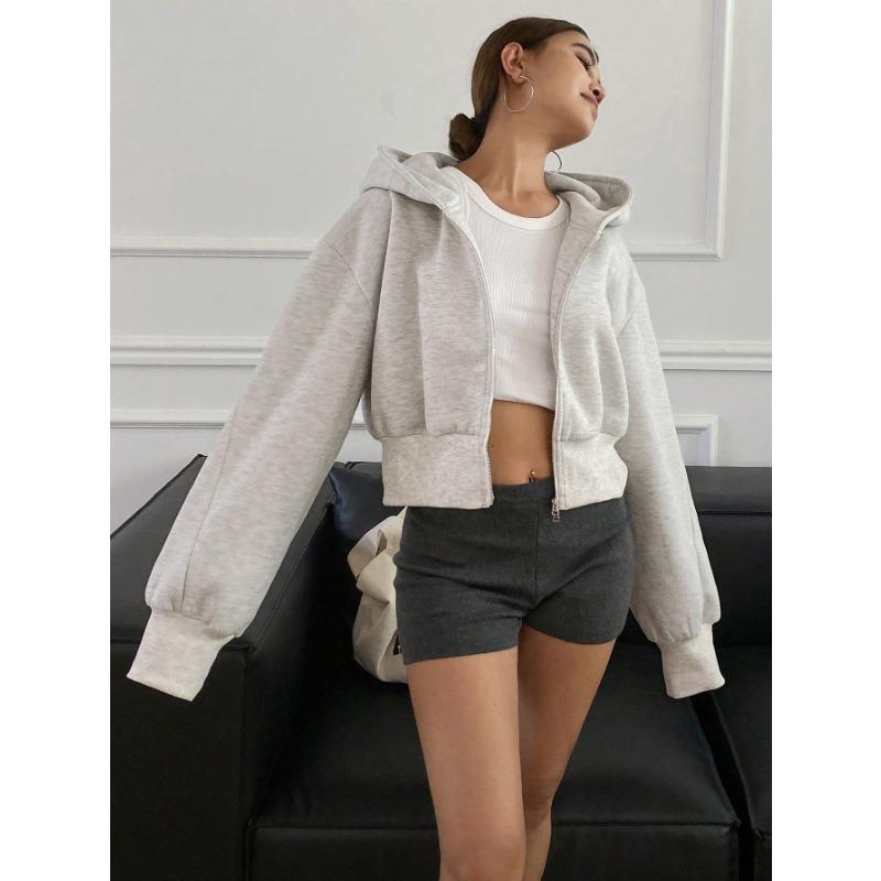 Women Short Zip Up Hooded Cardigan Batwing Sleeve Loose Streetwear Solid Color
