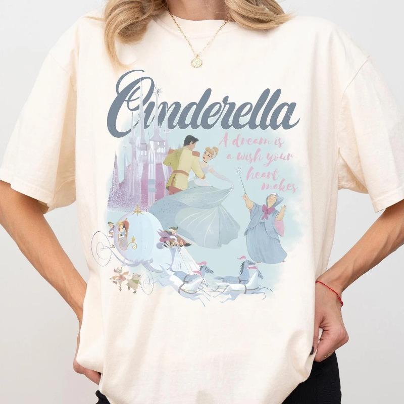 2026 Disney Summer Cinderella Princess Theme 100% Cotton Print Short-sleeved T-shirt Boys and Girls Children s Parent-child Top XL