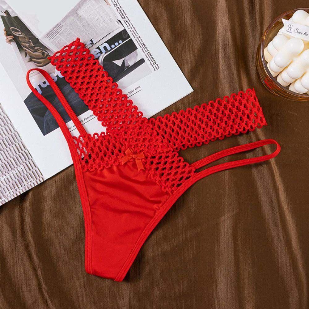 Low Waist Hollow Out Thongs Bowknot Women Mesh Briefs Comfortable Satin Silk Panties  Daily