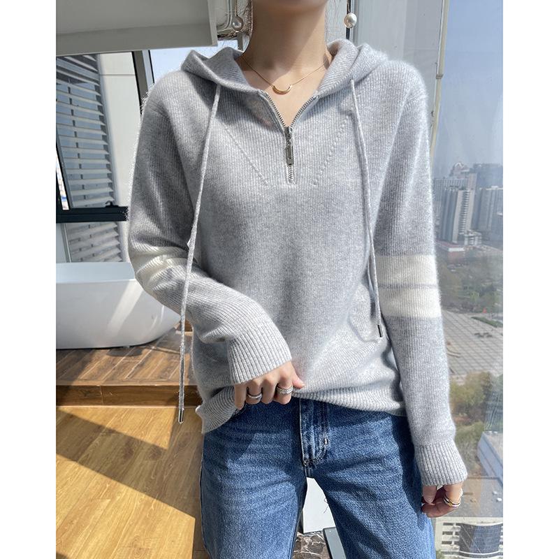 

Женское зимнее кашемировое худи с вязаным капюшоном на молнии до середины, с цветными блоками, 2024 XL