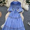 High-End Heavywork Lacing Paillette-Panel Waist-Banding Lantern Sleeve Maxi Dress for Women Autumn Charming Long Women Dress