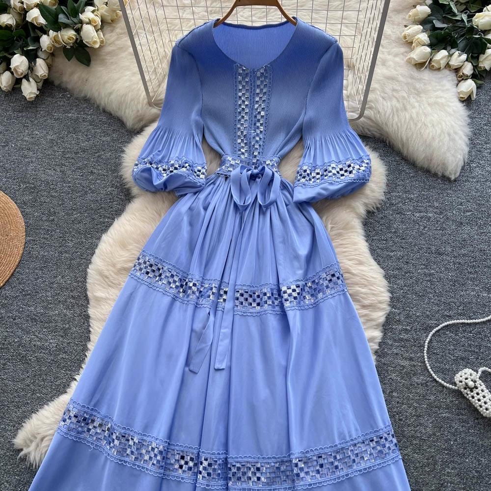 High-End Heavywork Lacing Paillette-Panel Waist-Banding Lantern Sleeve Maxi Dress for Women Autumn Charming Long Women Dress