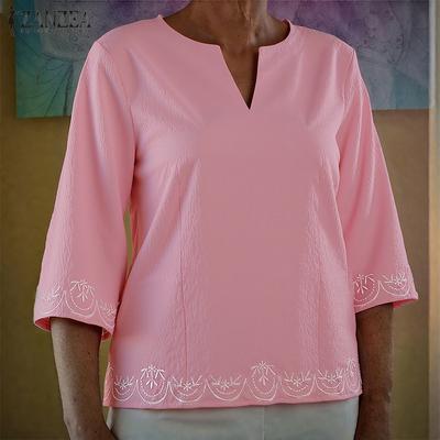 Women Casual V-Neck 3/4 Sleeve Loose Embroidery Blouse