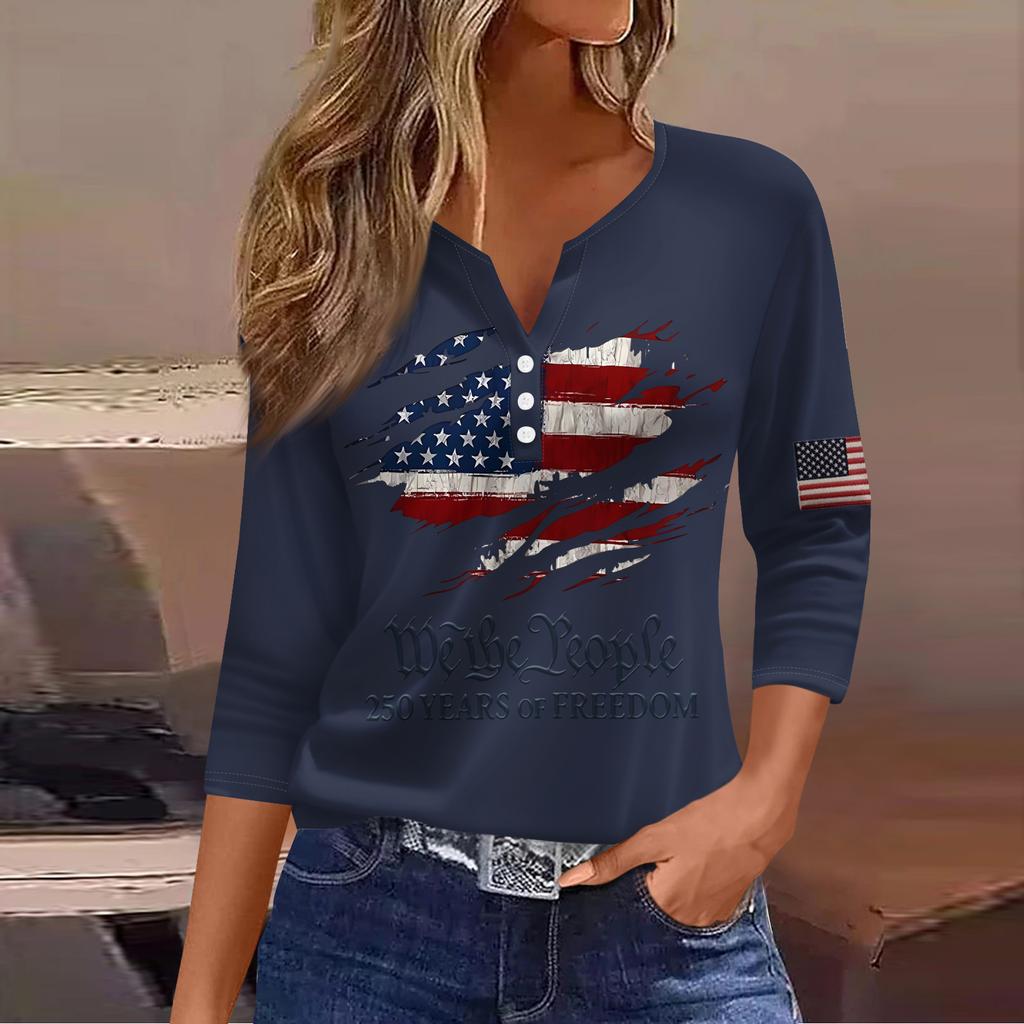 Women's T Shirt Independence Day Print Button 3/4 Sleeve Daily Weekend Fashion Basic V- Neck Regular Top
