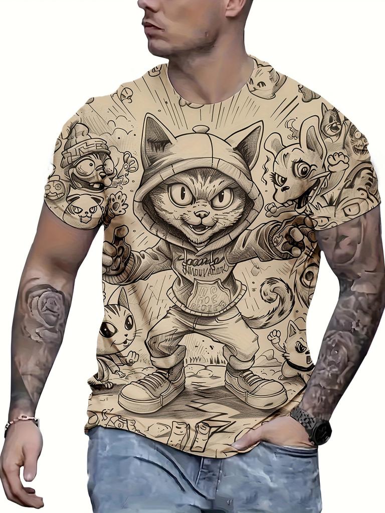 Heren Katten Grafische Print T-shirt Casual Korte Mouw Ronde Hals Tee Herenkleding Voor Zomer Buiten Sportkleding Top T-shirts Man