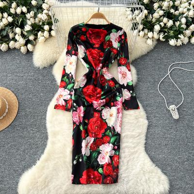 Yaz Sonbahar Kadın Tasarımcı Retro Baskı Gül Podyum Elbisesi Tam Kol Ofis İş Parti Slim Bodycon Kalem Elbiseler